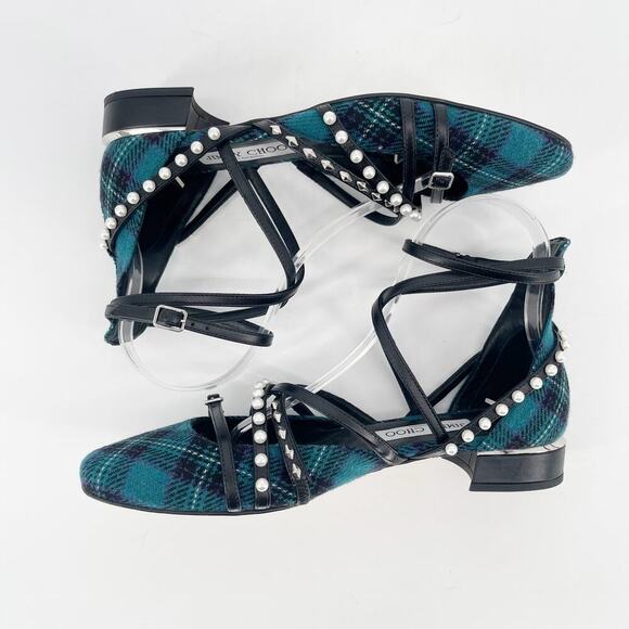 Jimmy Choo Celestia 25 Peacock Tartan Silver Studded Pearl Ballet Flat IT 37.5 - Picture 4 of 13